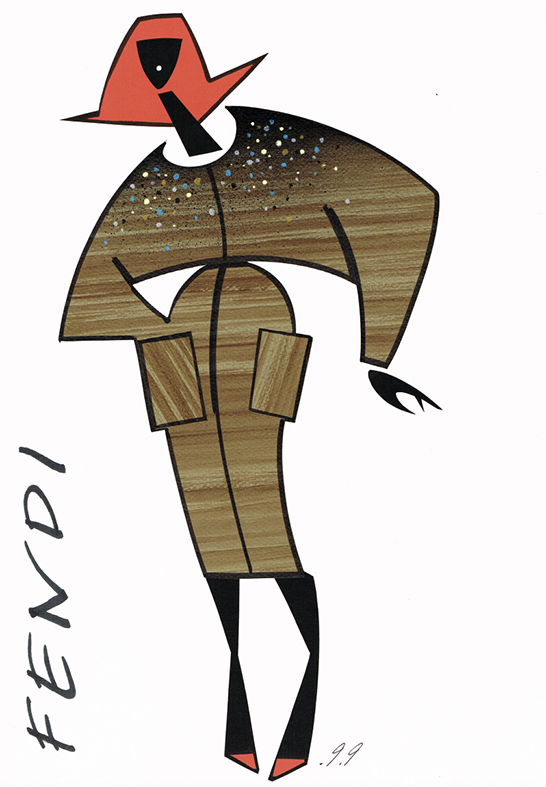 Illustration of a person in a brown coat and hat, with black legs and red details. FENDI logo is visible.