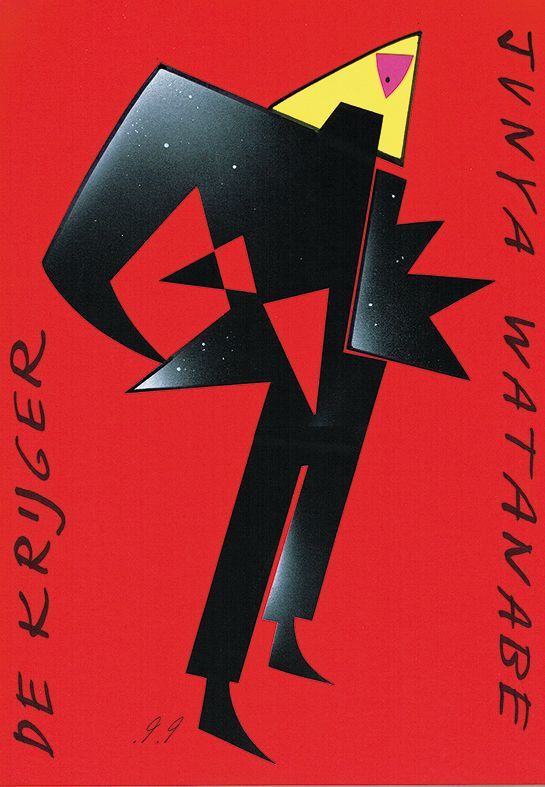 Abstract figure on a red background. Black suit, yellow hair, pink triangle face. Text on the left and right.