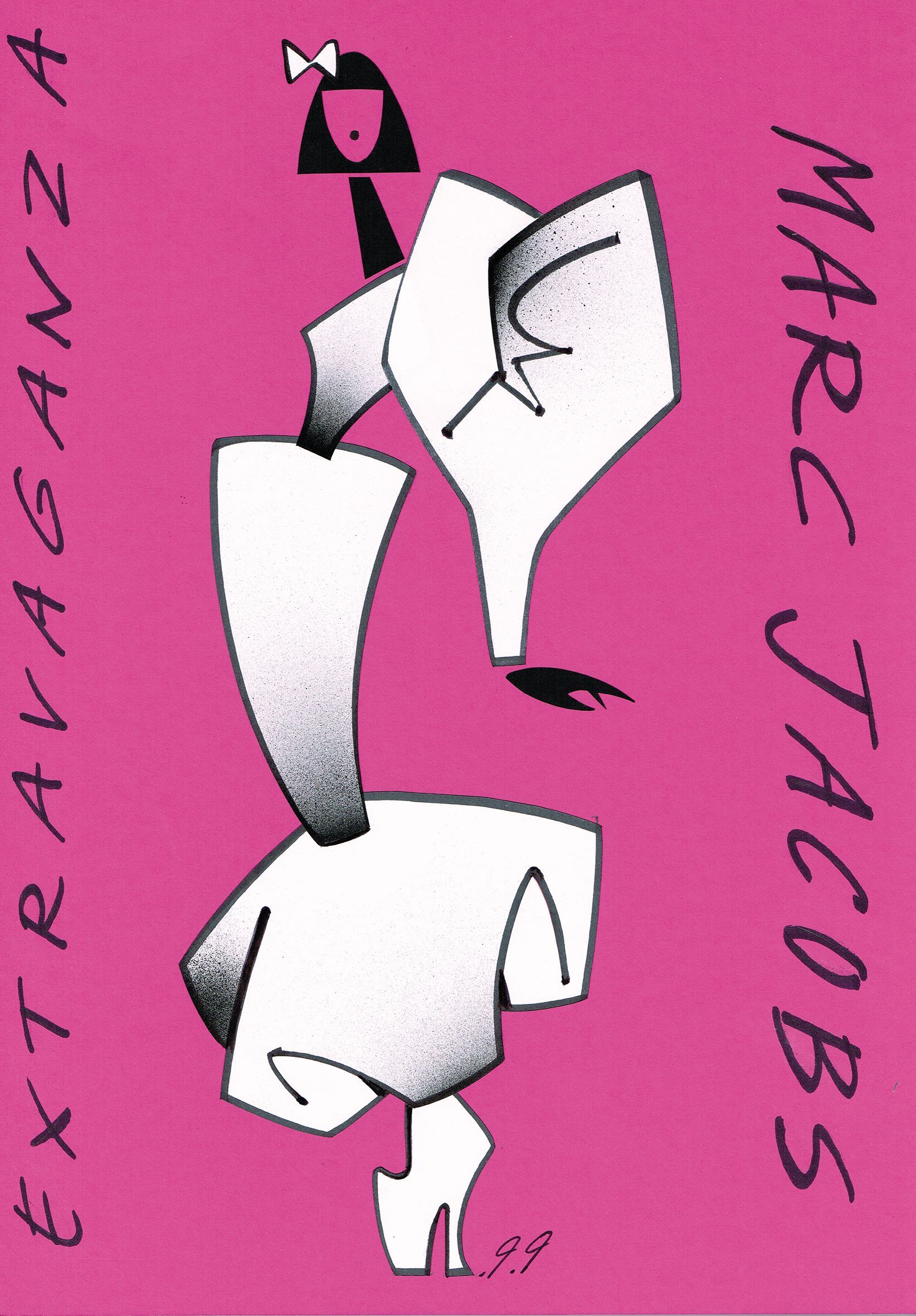 Abstract white fashion figure on pink background, Marc Jacobs Extravaganza.