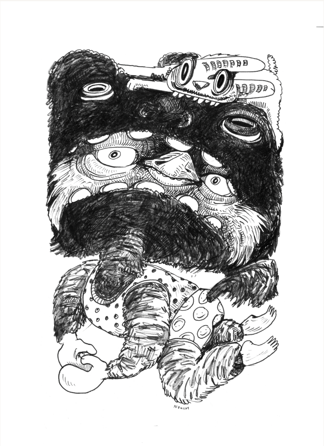 Ink drawing of a multi-faced creature with many eyes, arms, and legs, reaching for a floating object labeled