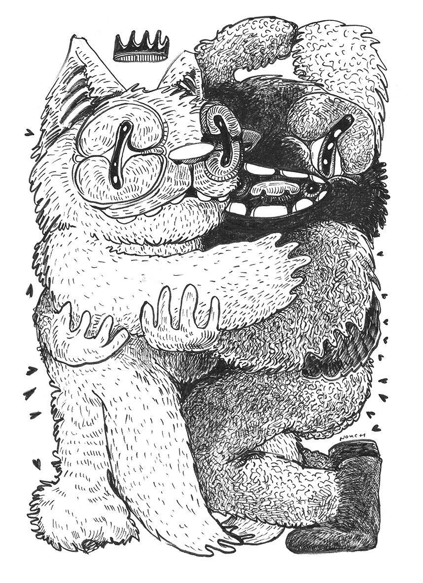 Two textured, cartoonish figures embracing, one with crown. Black and white illustration.