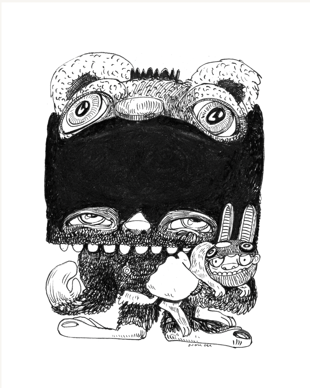 Black and white abstract illustration: grotesque face with open mouth, figures below.