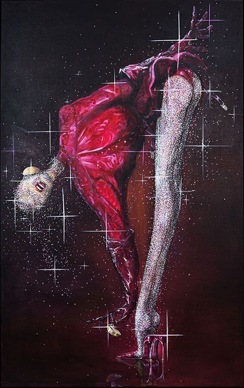 Woman in red suit, arched backwards, shimmering leg, starry background.