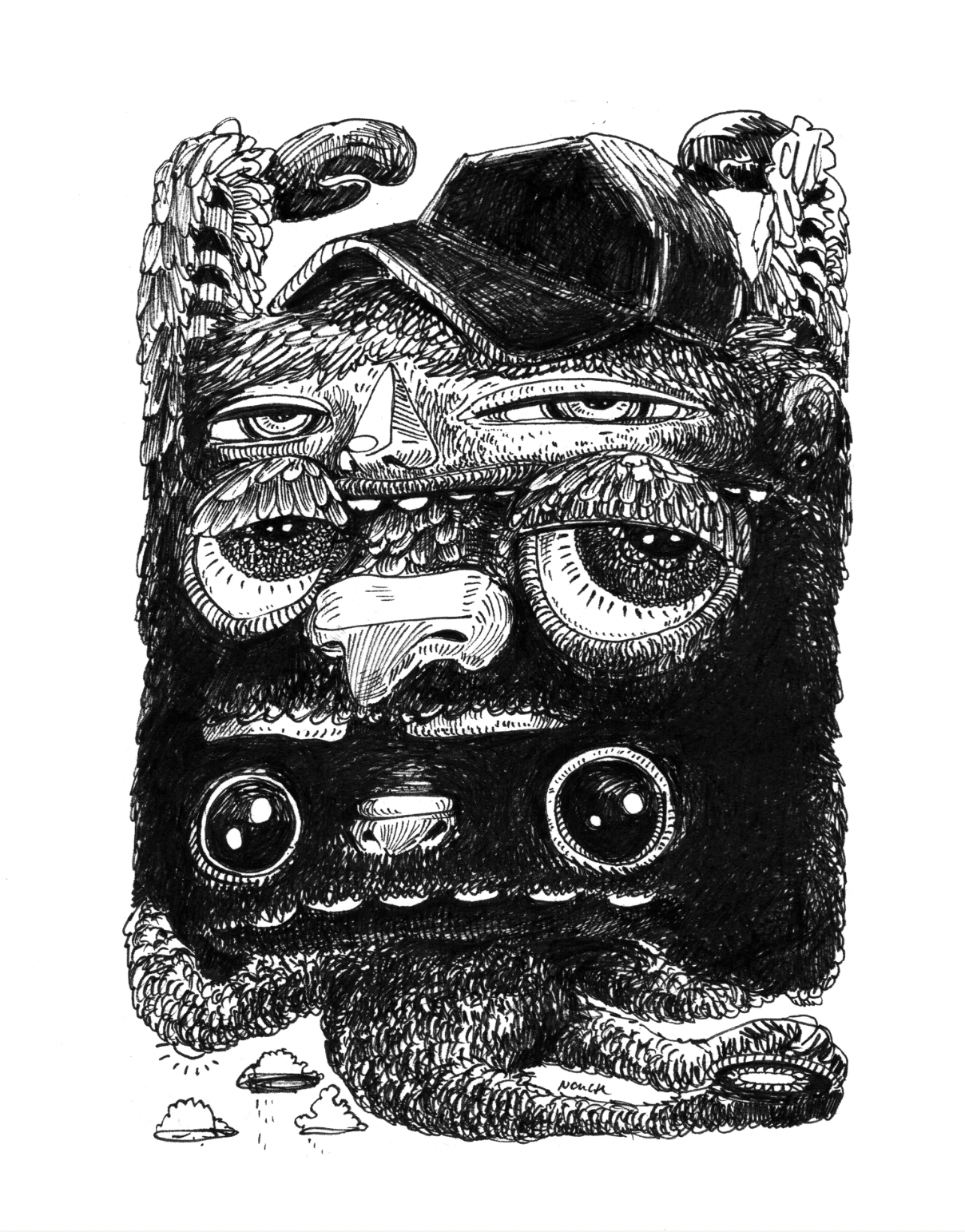 Black and white illustration of a stylized face with exaggerated features and a hat, possibly a mask or totem.