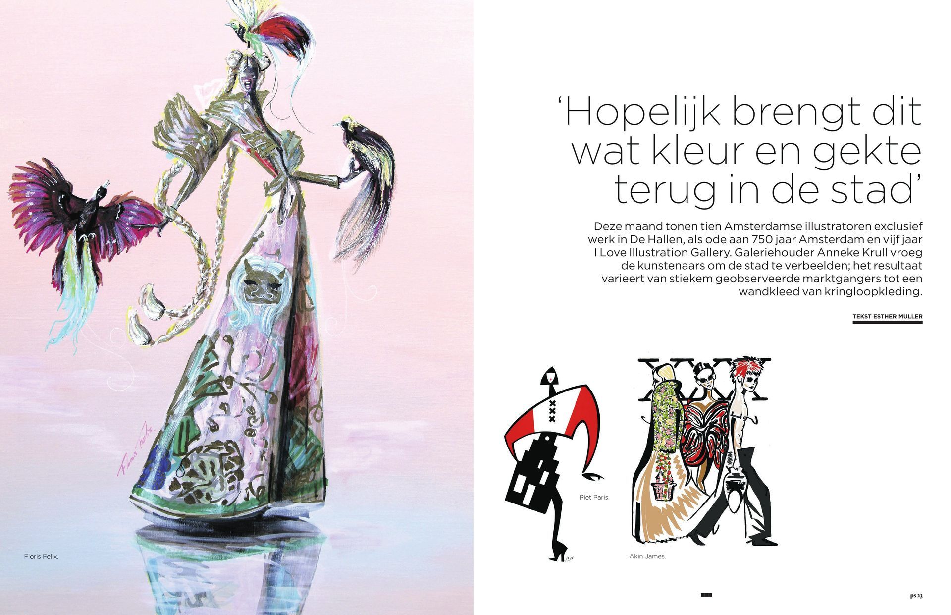 Colorful sculpture on the left, with text and small illustrations on right, possibly fashion-related.
