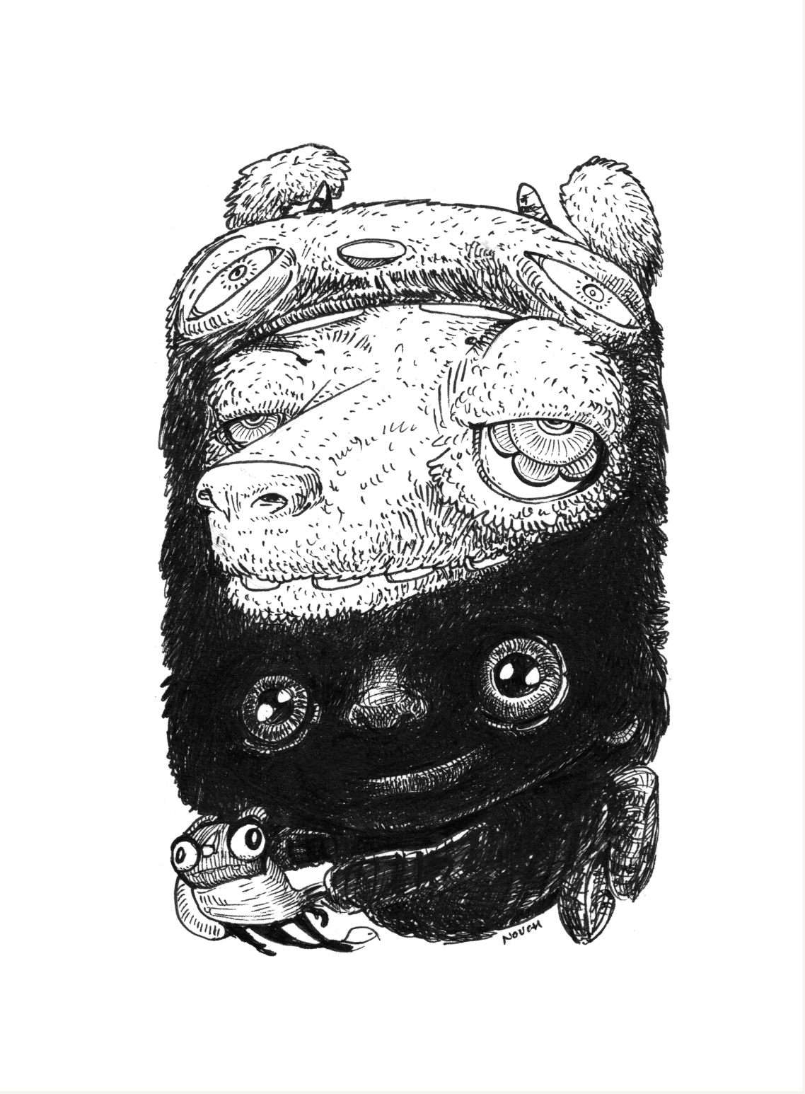 A surreal black and white illustration of a vehicle-like creature with large eyes and a smaller critter below.