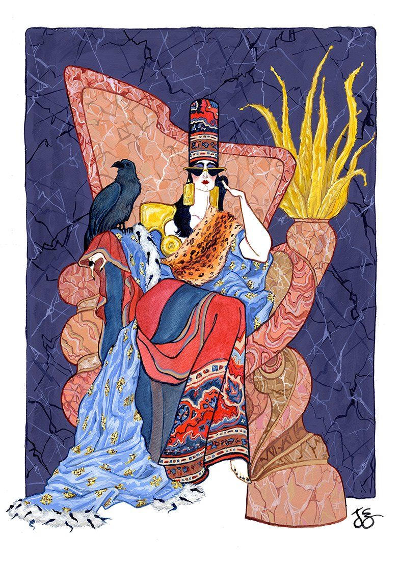 Woman on ornate throne, raven on arm, holding gold goblet and leopard skin, flame behind.