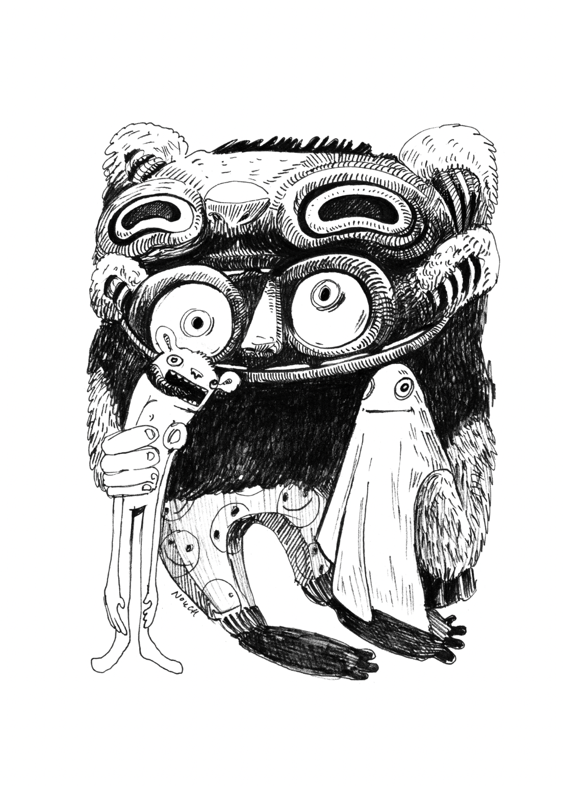 Cartoon creature with large eyes, holding a small figure, possibly in a forest or outdoor setting.