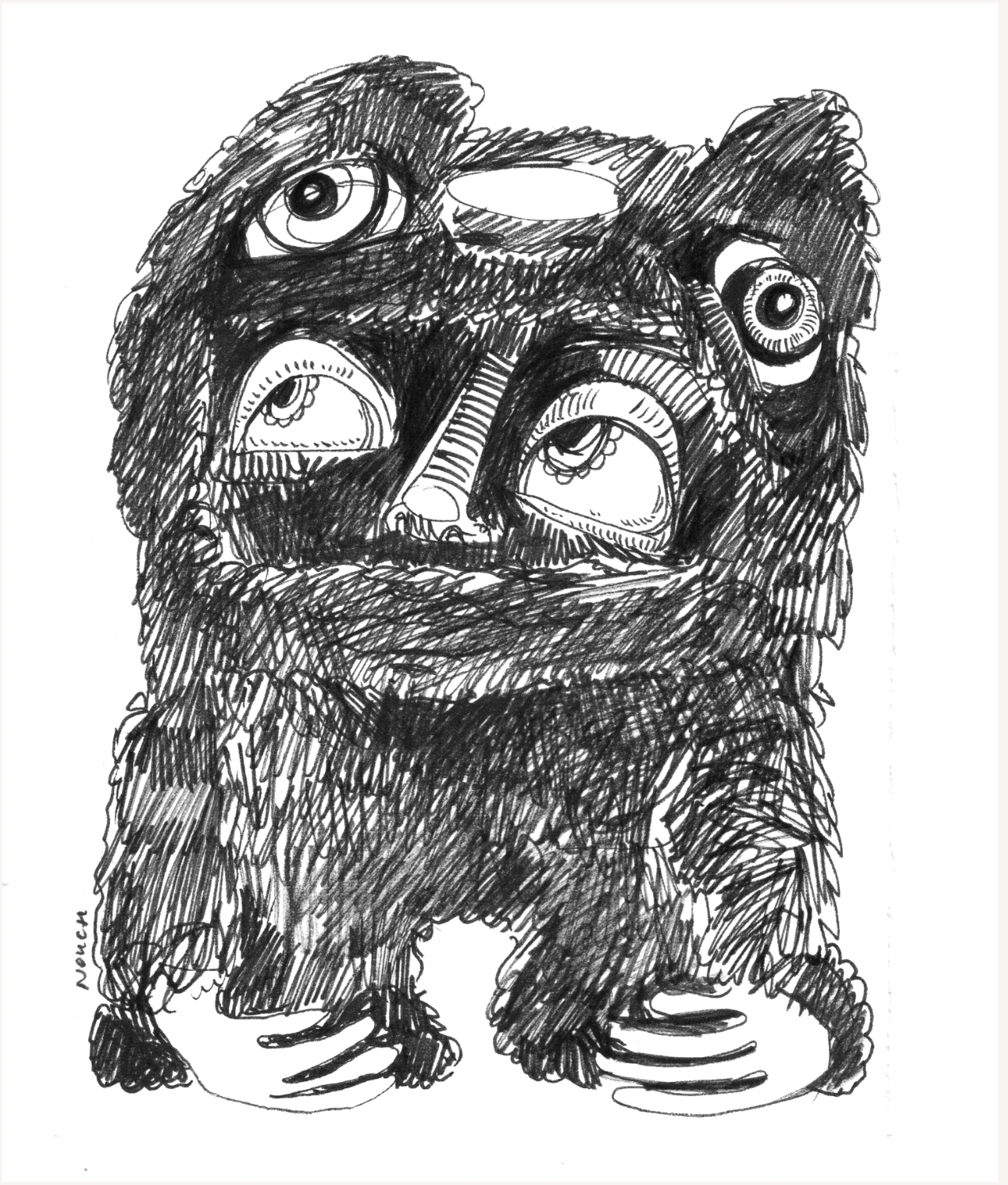 Black and white drawing of a shaggy, four-eyed creature with a prominent nose and small feet.