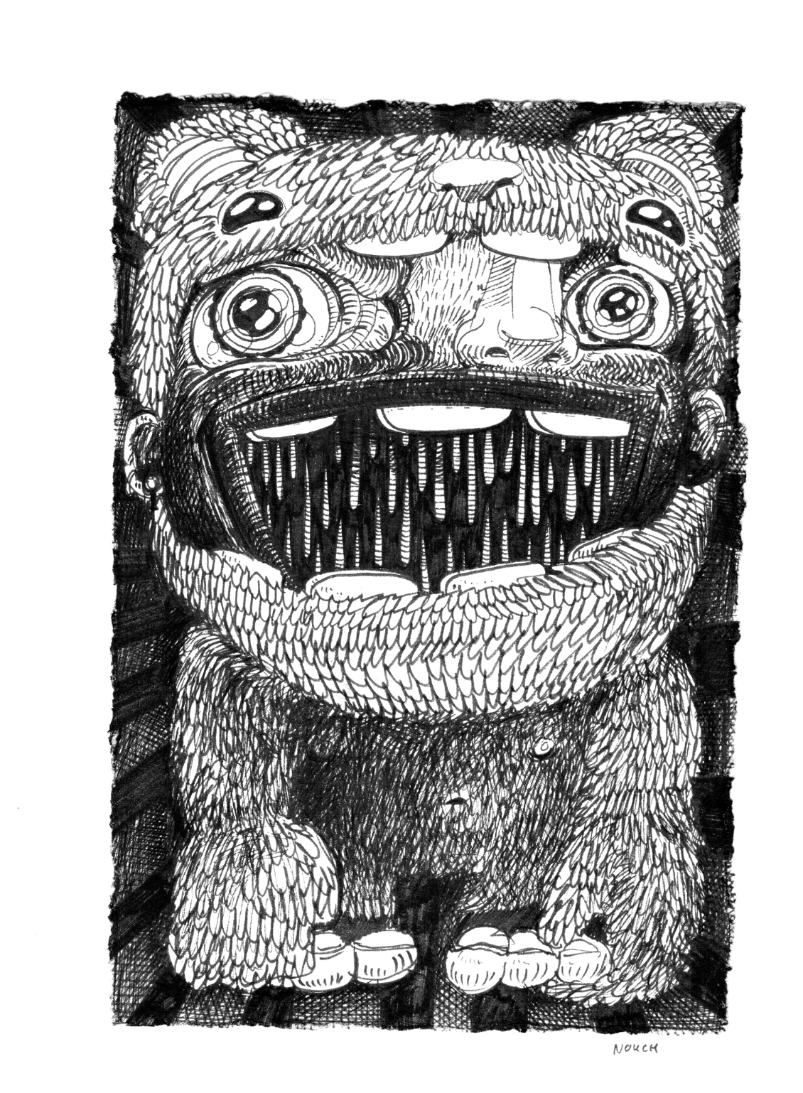 A monstrous creature with multiple eyes and a gaping mouth, rendered in detailed black and white lines.