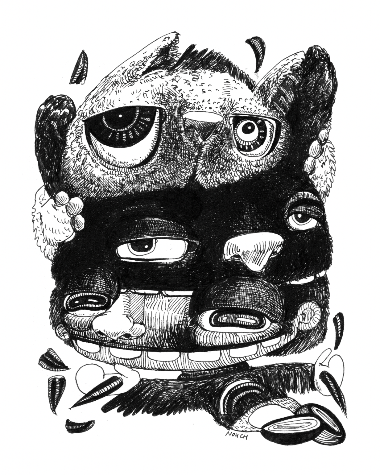Stylized black and white drawing of stacked faces with multiple eyes and a textured, expressive style.