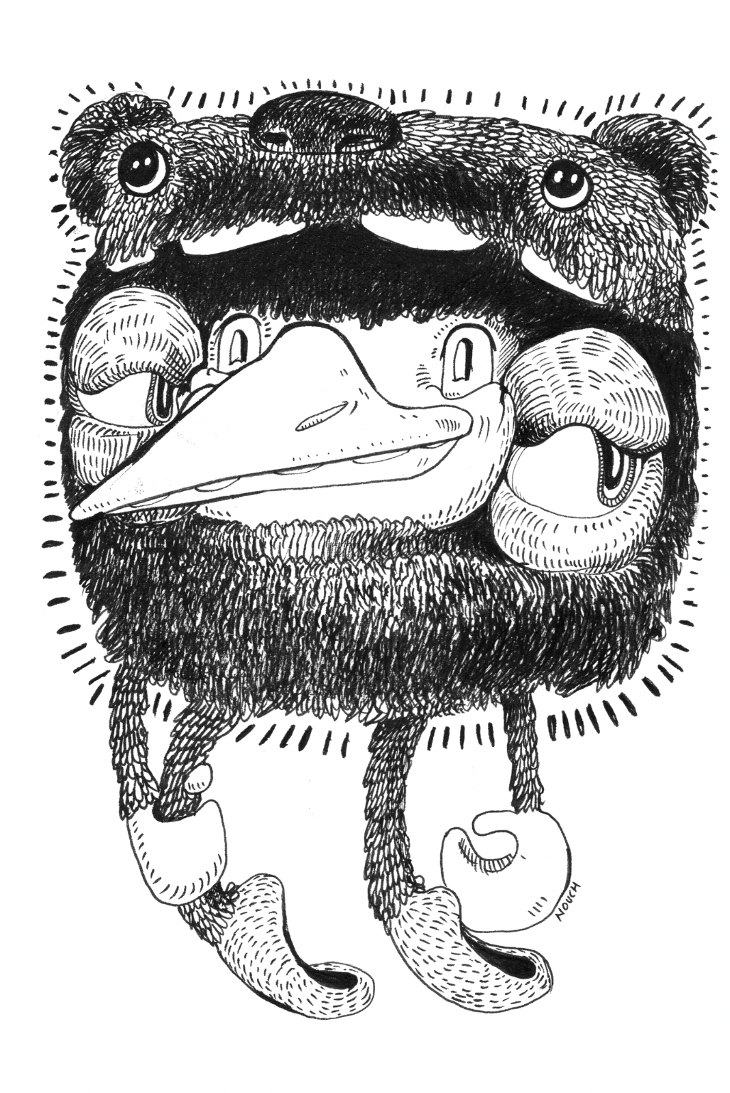 Cartoonish creature with bear-like face around a large beak, holding round objects with small arms and feet.