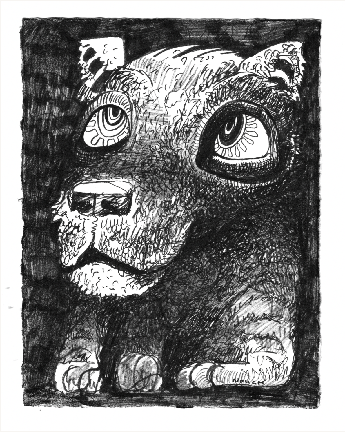 Ink drawing of a dog with large eyes and a concerned expression, sitting against a dark background.