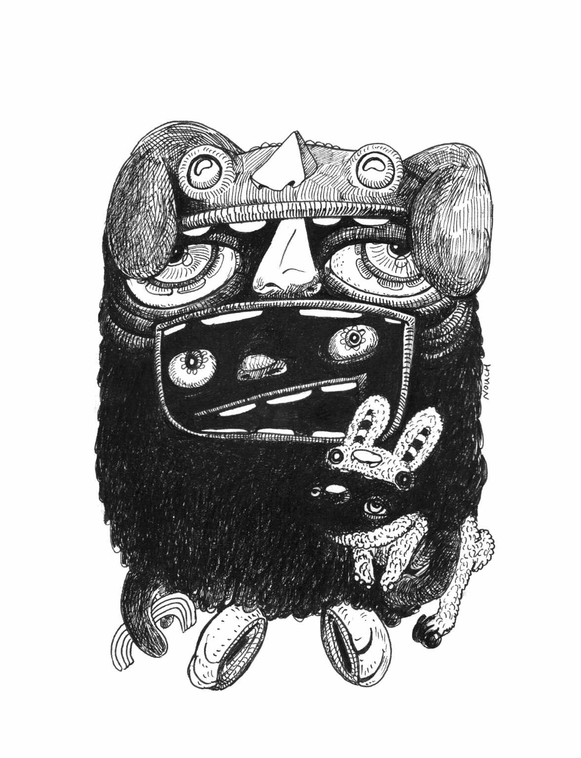 Black and white illustration of a whimsical creature with large eyes, beard, and rabbit-like appendage.