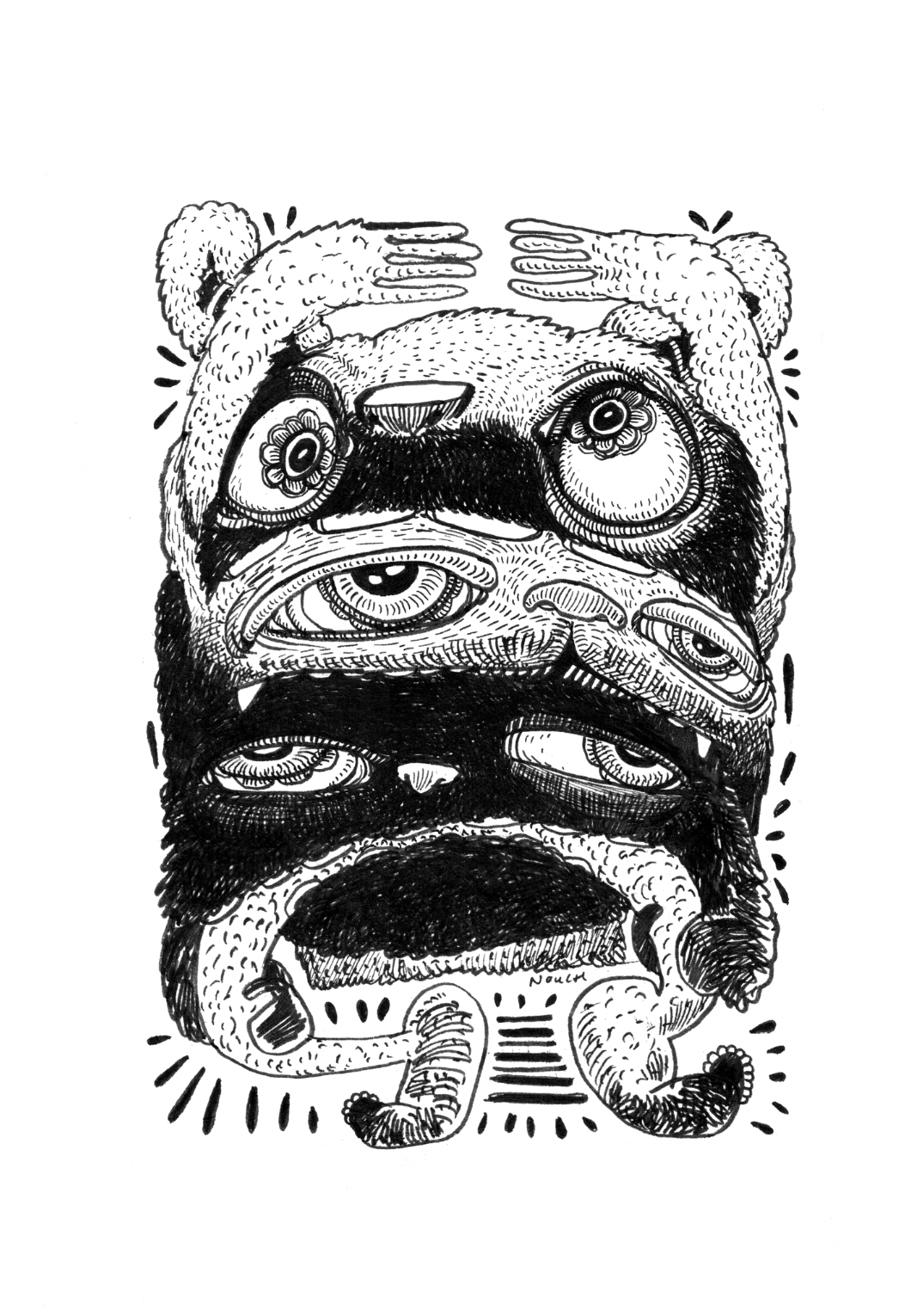 Whimsical, abstract creature with multiple eyes and a round, textured body. Rendered in black and white.