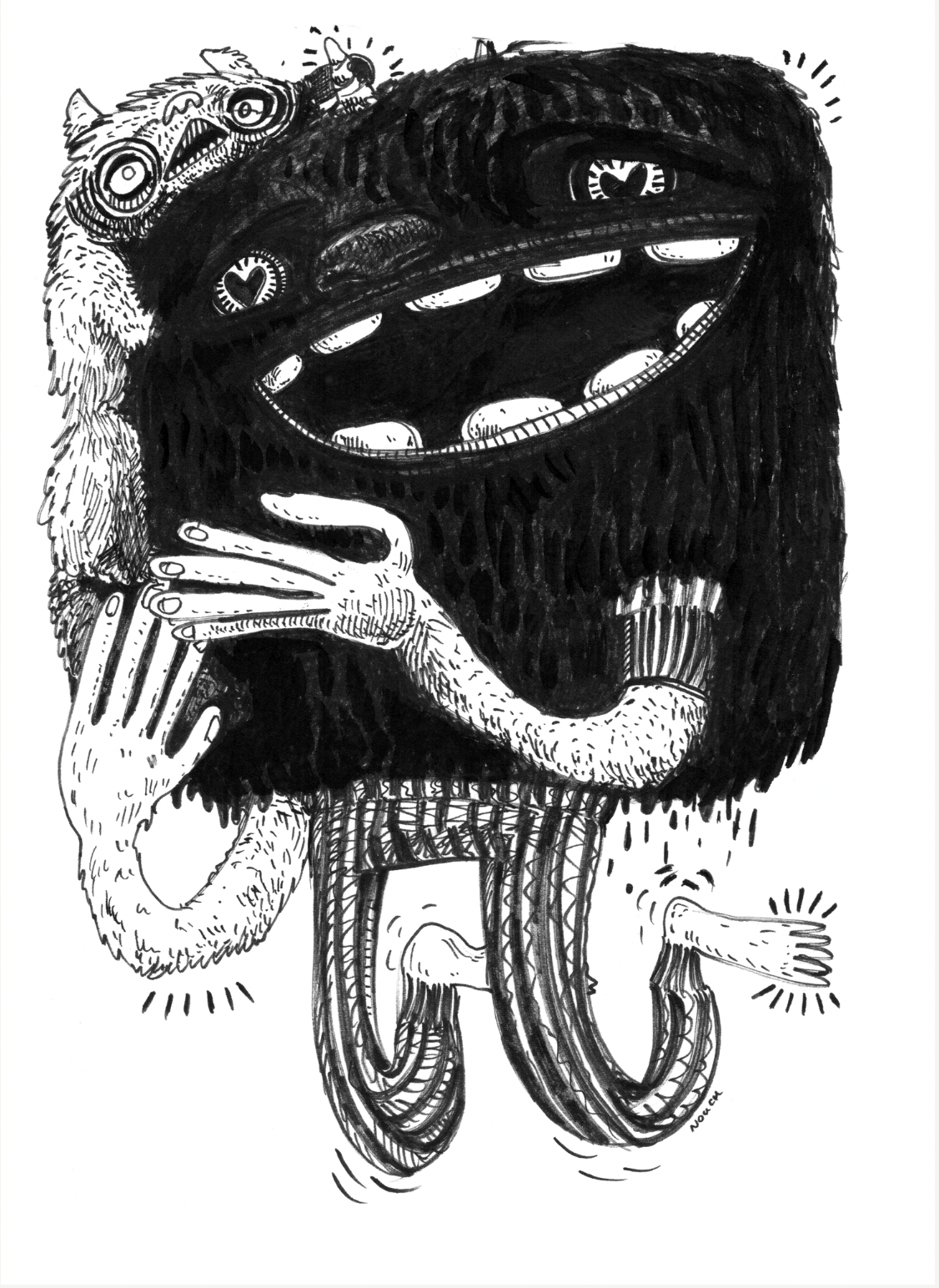 Black, furry, square-shaped monster with large open mouth, arms outstretched, and striped pants.