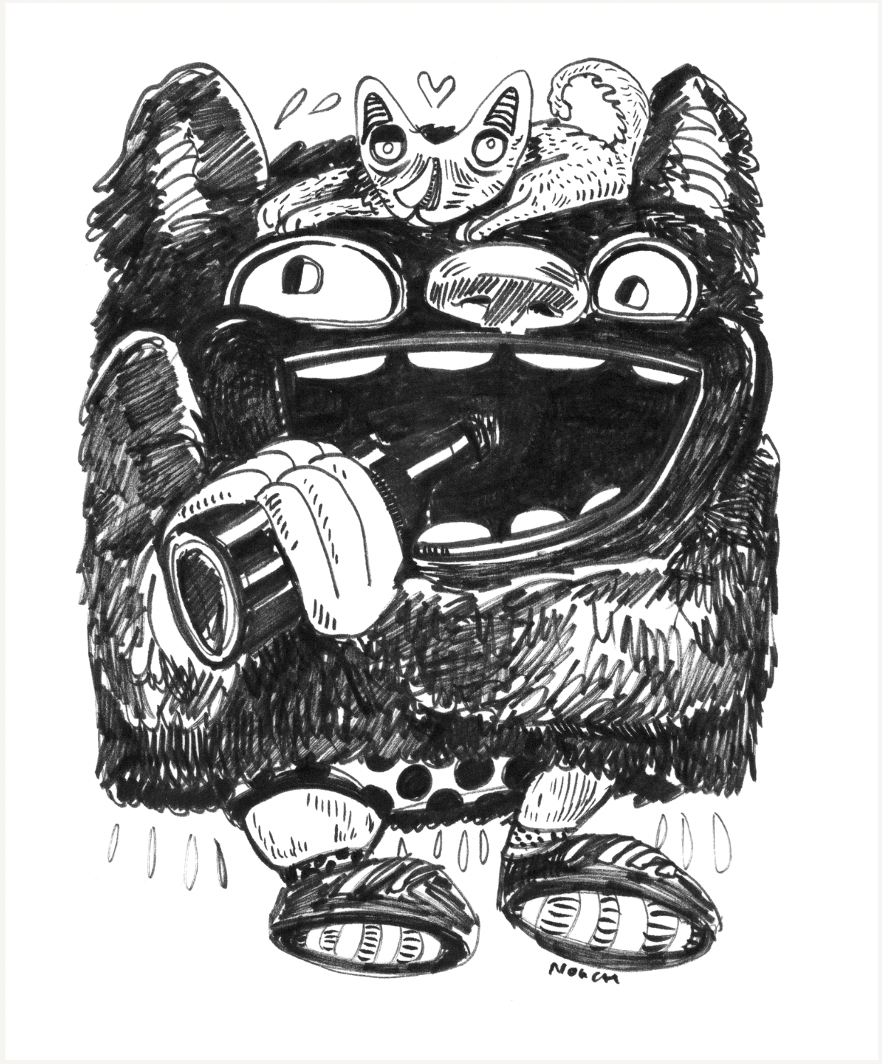 A furry, three-eyed monster holding a bottle, with a cat and heart on its head.