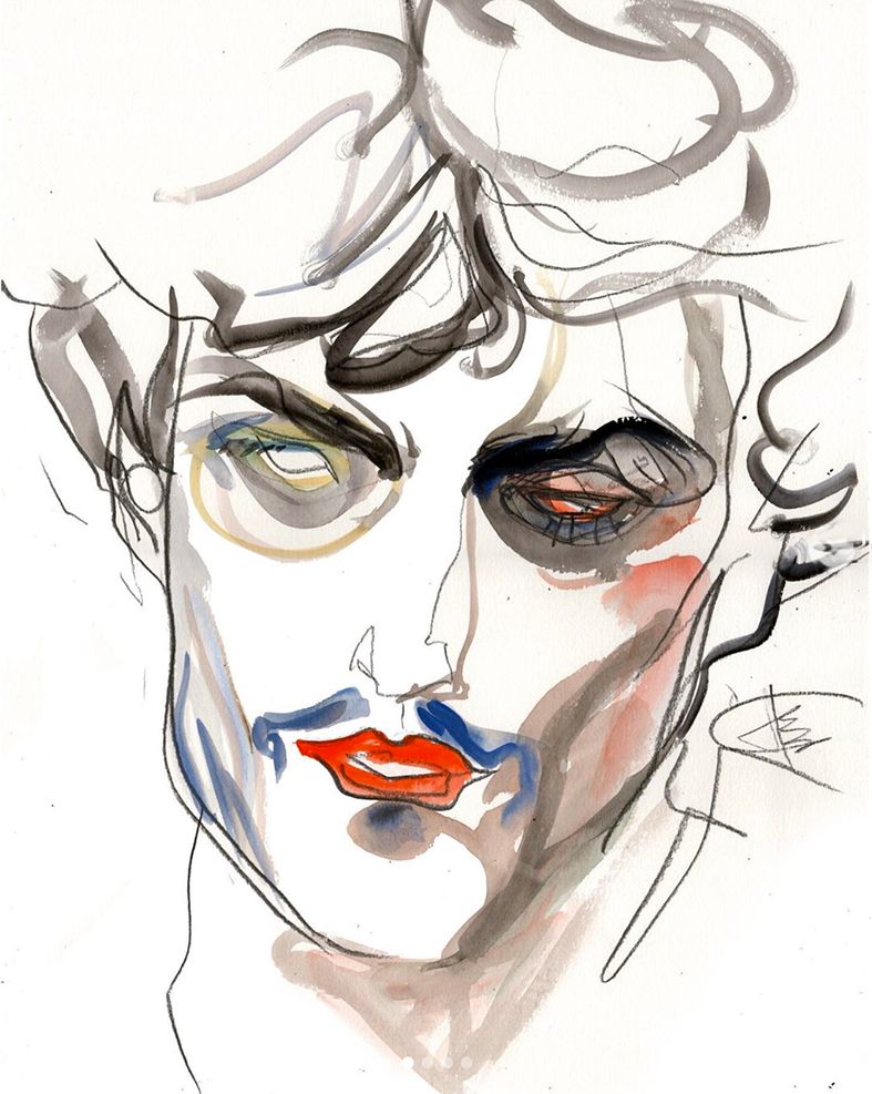 Watercolor portrait of a face. One eye open, the other bruised. Red lips, blue mustache.