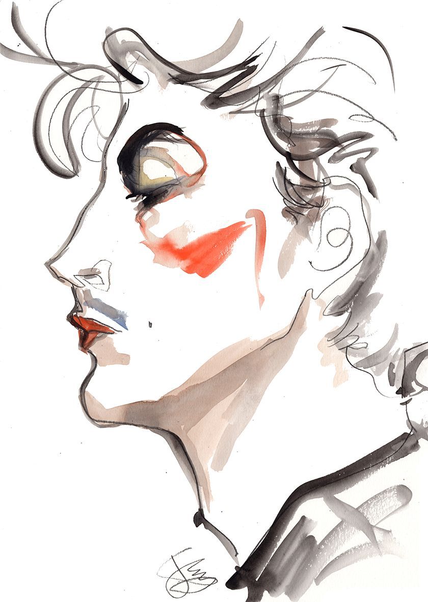 Profile watercolor portrait, woman with closed eyes, red blush and lipstick.