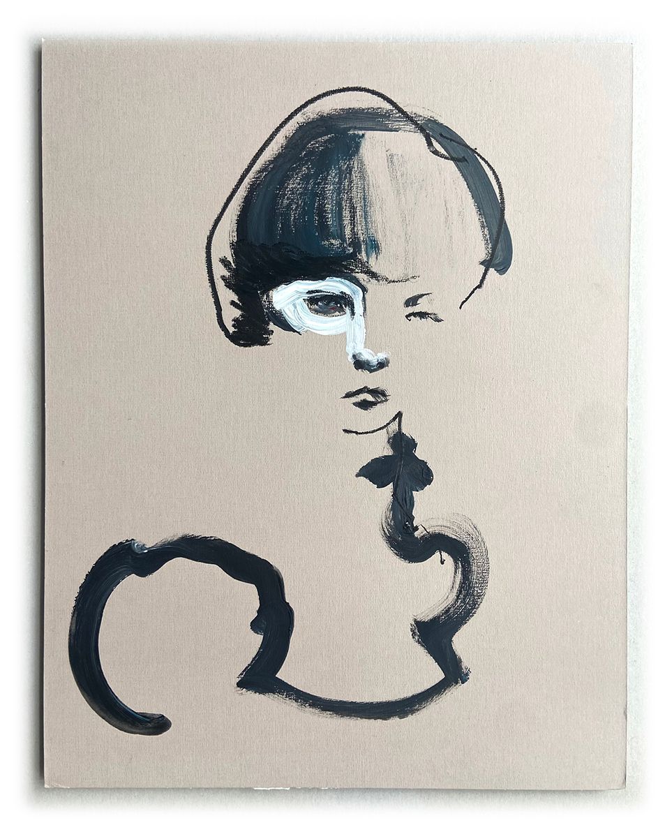 Black ink portrait of a person with short hair and a high collar on tan paper.