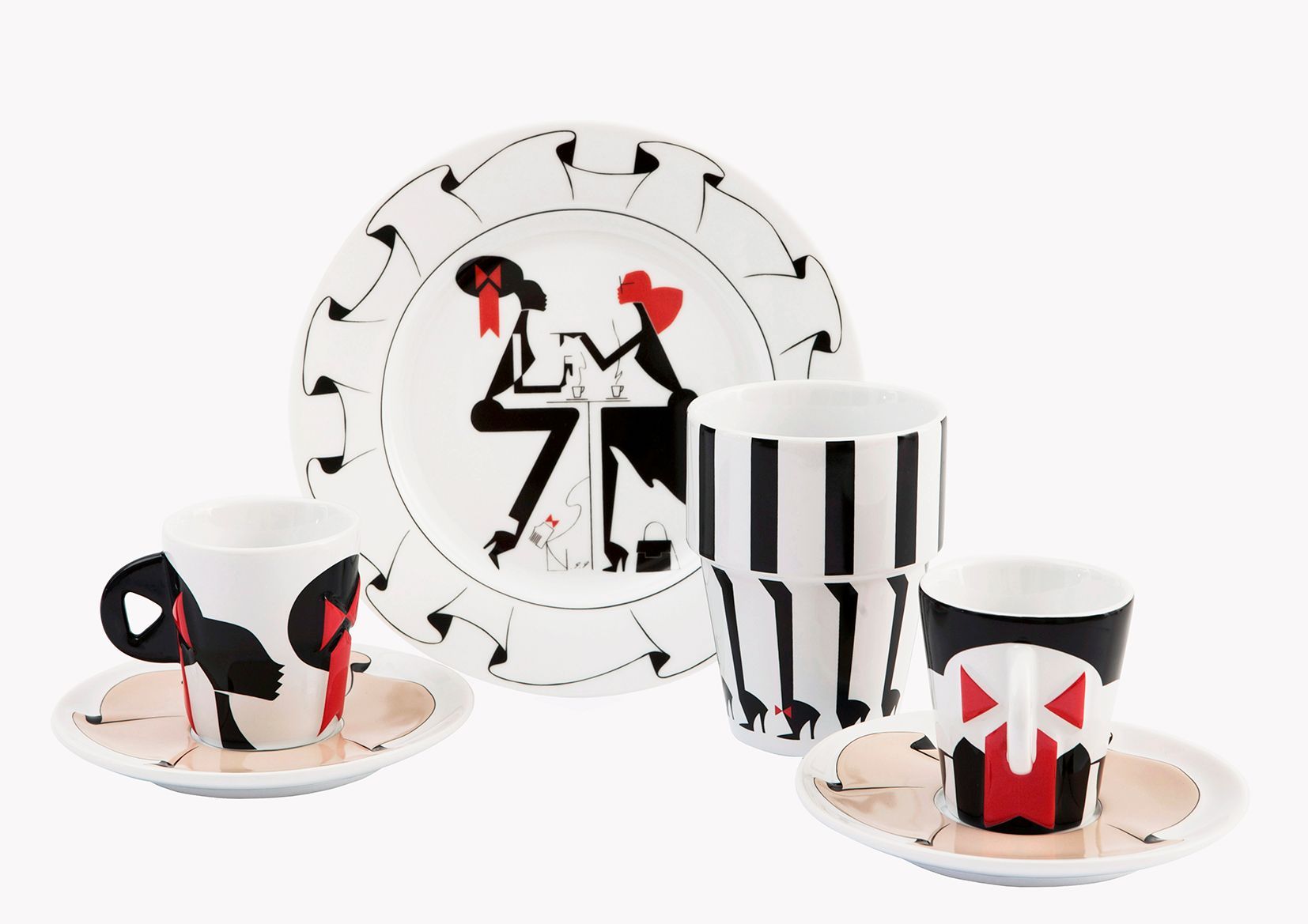 Decorative white and black dishware set with two women illustration.