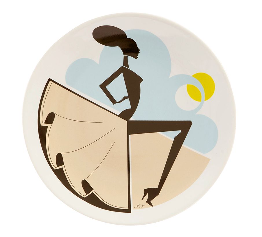 Plate with stylized figure in a dress, light blue background, sun, and beige accents.