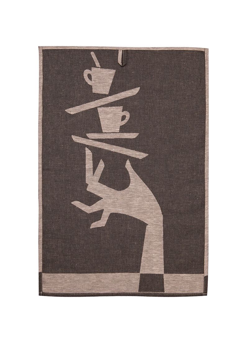 Stylized hand balancing stacked cups and plates.