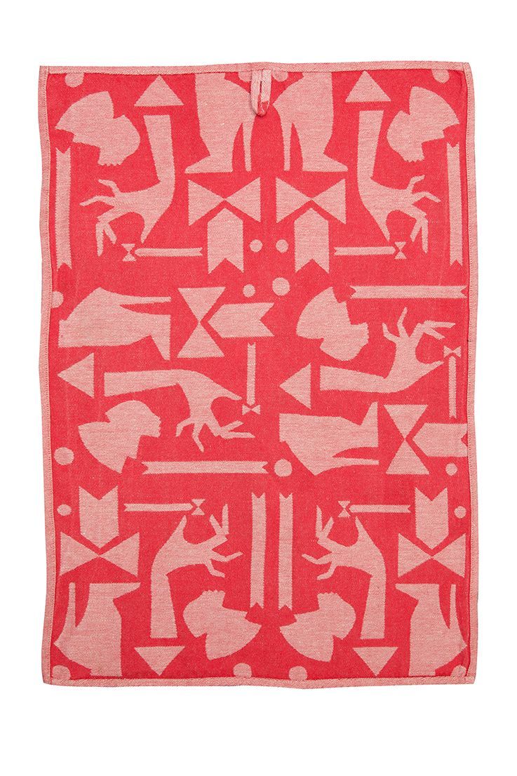 Red textile with geometric patterns and stylized animal/human figures.