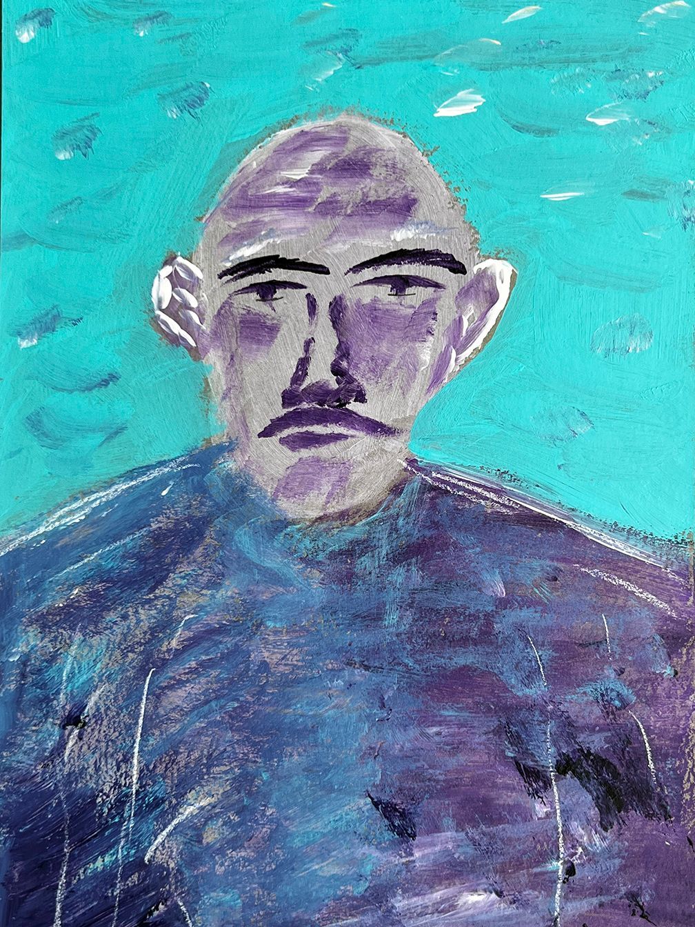 A person with a shaved head and mustache painted in shades of purple and blue against a teal background.
