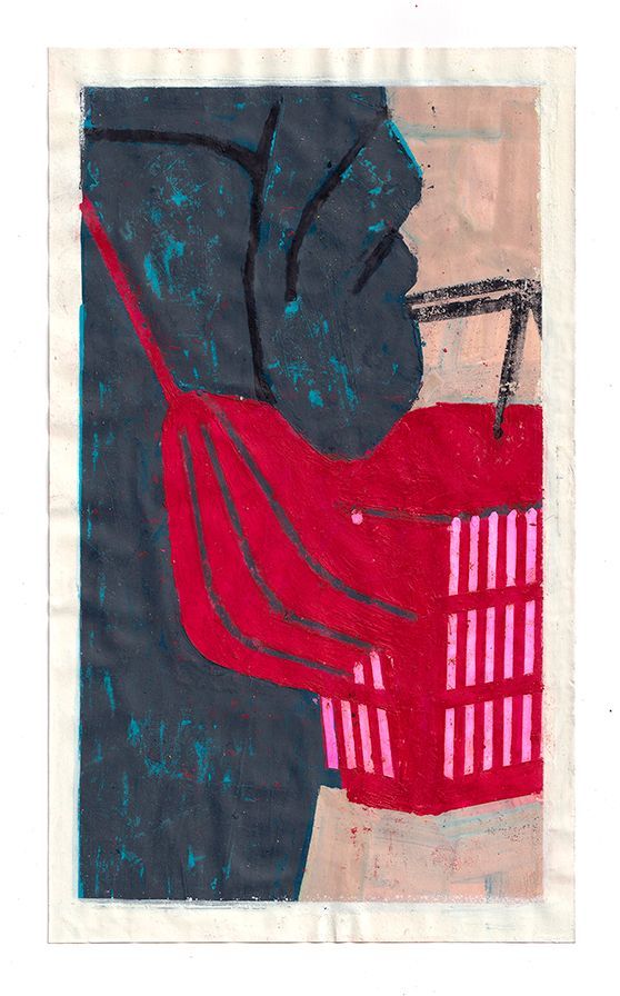 Red purse with pink details against a teal textured background.