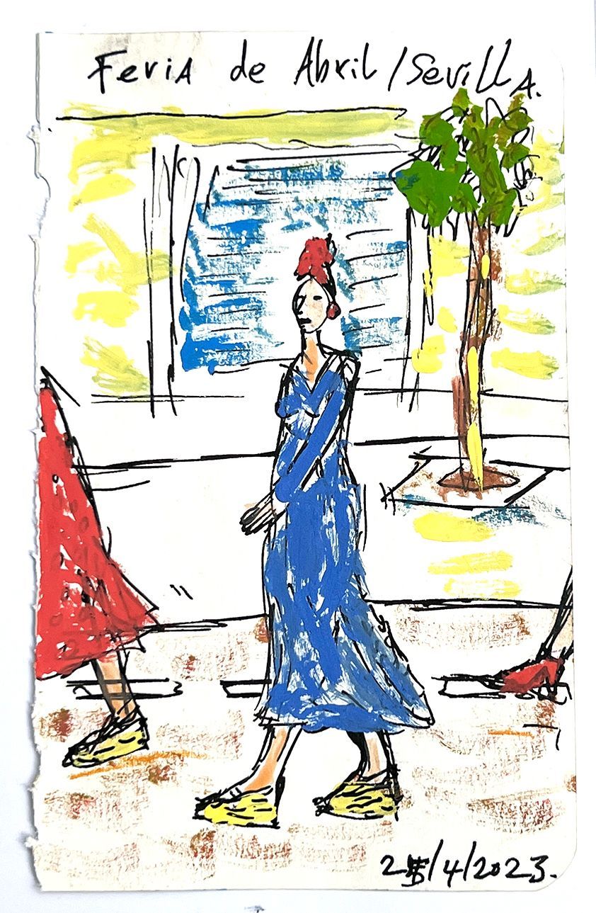 Woman in blue dress walks on sidewalk,