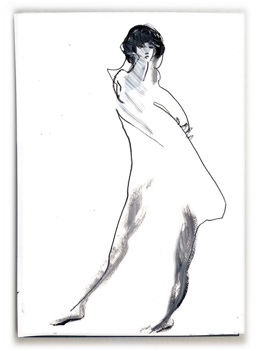Stylized sketch of a person in a dress with hands behind the back, in shades of gray on white.