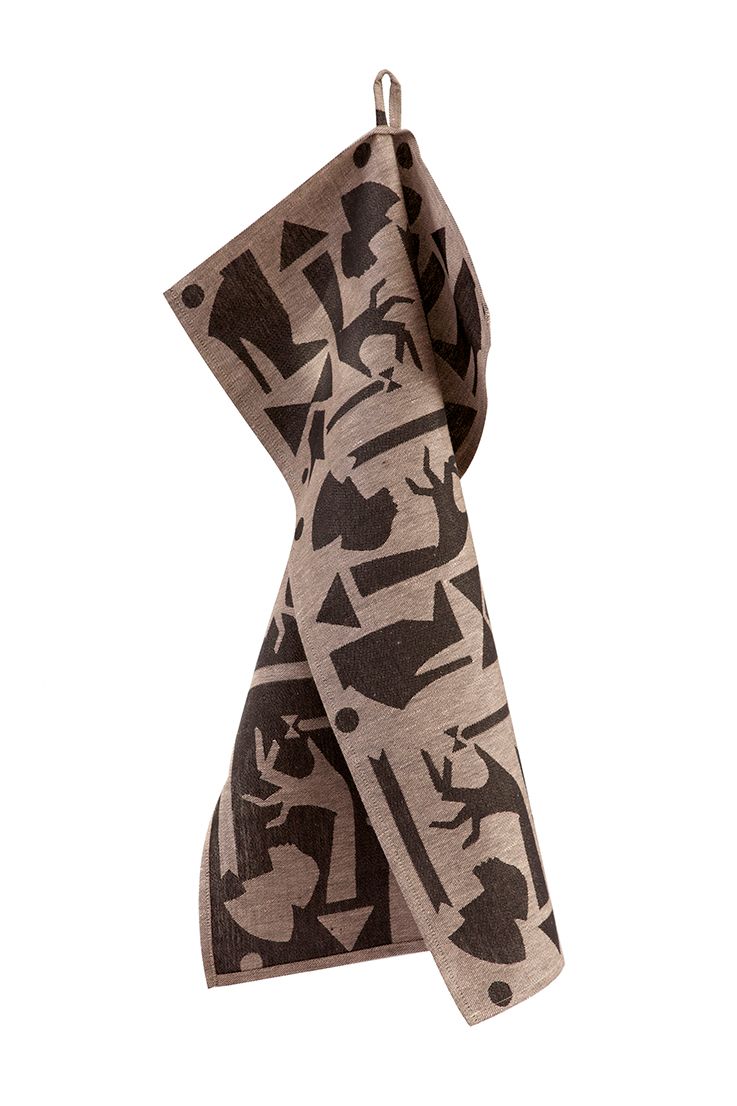 Brown patterned kitchen towel hanging from a metal hook.