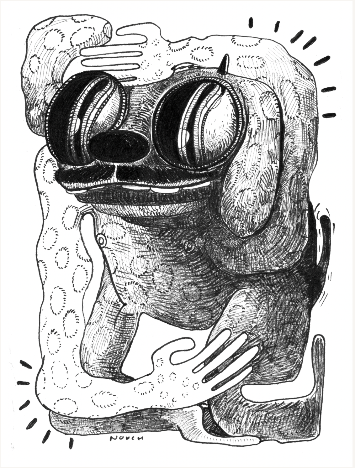 Black and white cartoon of a creature with large eyes, arms hugging itself, and a dotted pattern on its side.