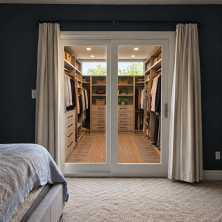 Bedroom with open sliding doors to a walk-in closet, beige carpet, and white curtains