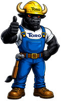 Cartoon Toro construction worker giving a thumbs-up, wearing blue overalls and a yellow hard hat.