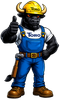 Cartoon Toro construction worker giving a thumbs-up, wearing blue overalls and a yellow hard hat.