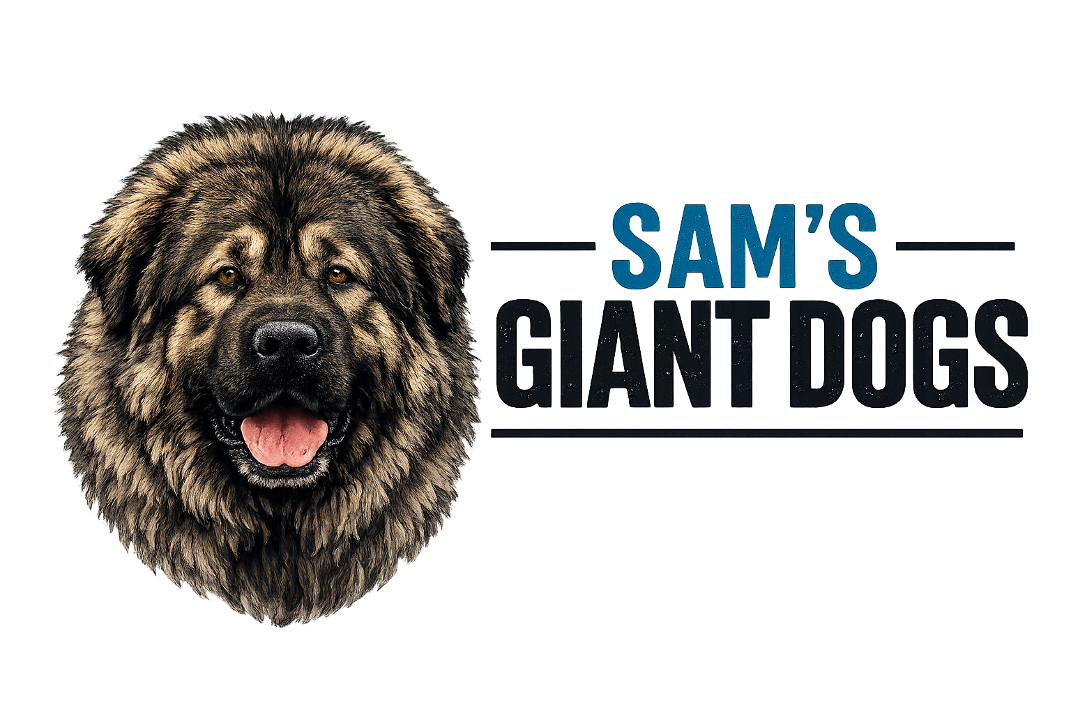 Logo for Sam’s Giant Dogs featuring a portrait of a fluffy brown dog with its tongue out next to the company name.
