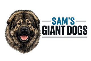 Logo for Sam’s Giant Dogs featuring a portrait of a fluffy brown dog with its tongue out next to the company name.