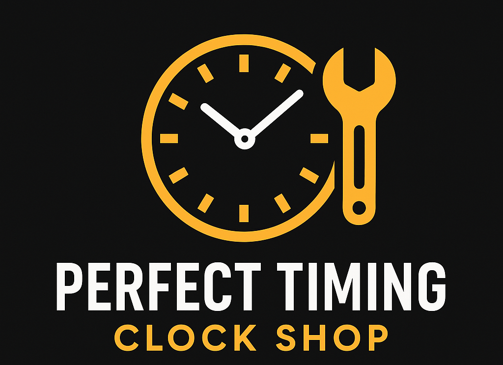 The logo for perfect timing clock shop shows a clock and a wrench.