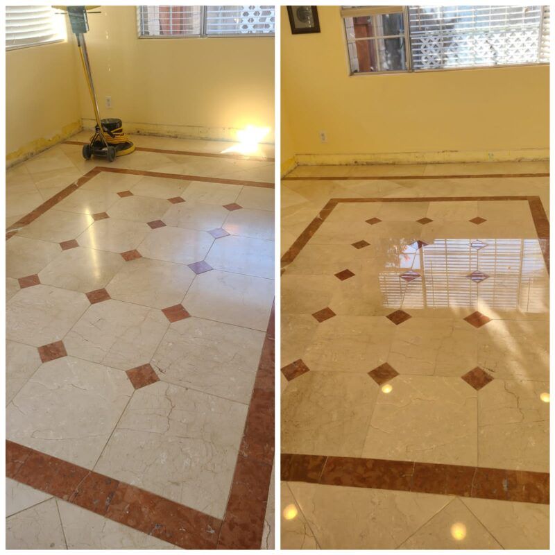 Before and after comparison of beige marble tile floor being polished to a high gloss finish in a sunlit room.