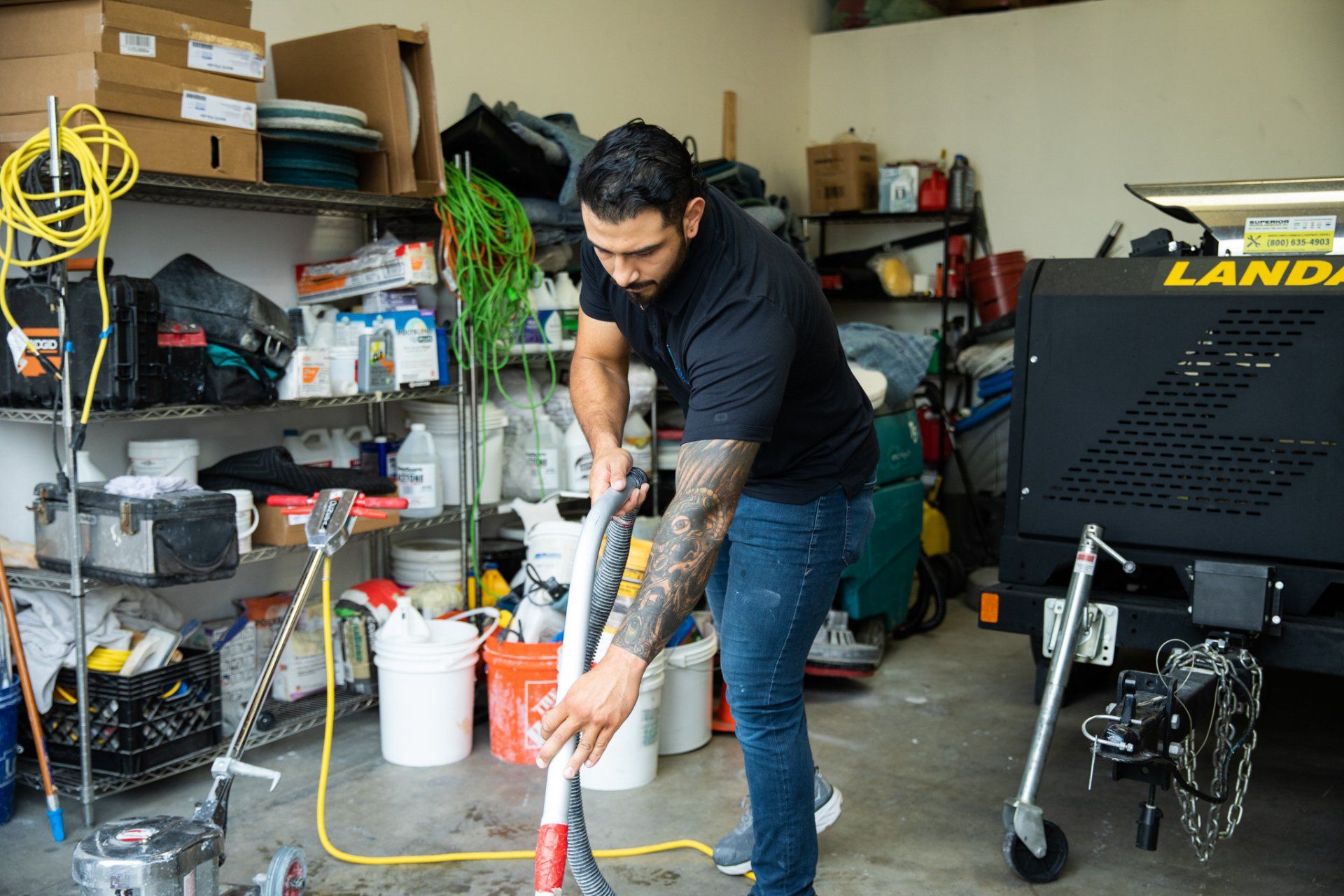 A man with arm tattoos uses a floor cleaning machine in a cluttered garage with shelving and a black trailer.
