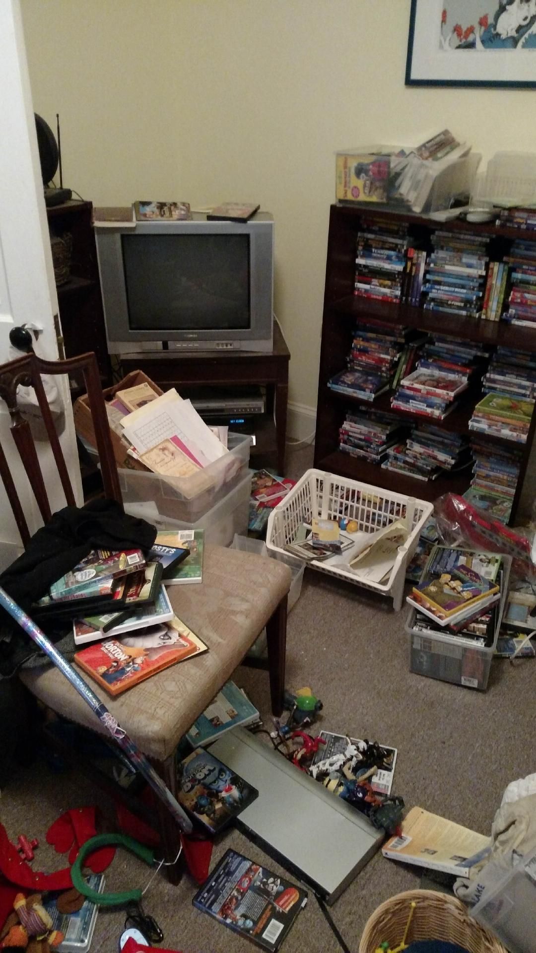 A living room filled with lots of dvds and a tv.