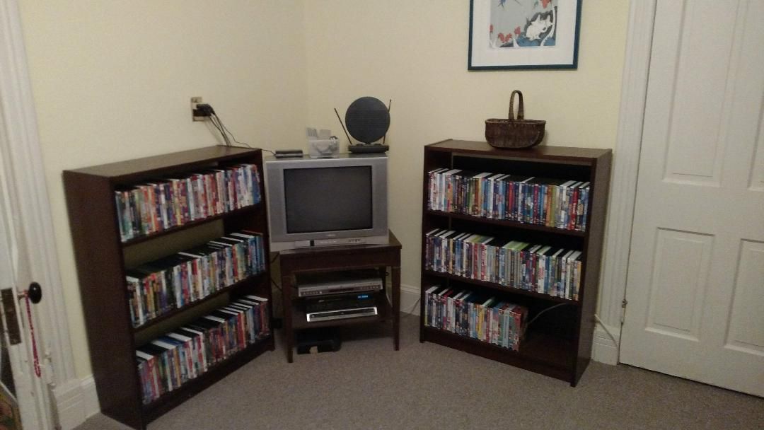 A corner of a room with two bookshelves and a television.