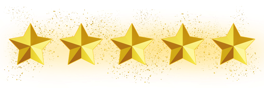 Five gold stars on a white, glitter-speckled background