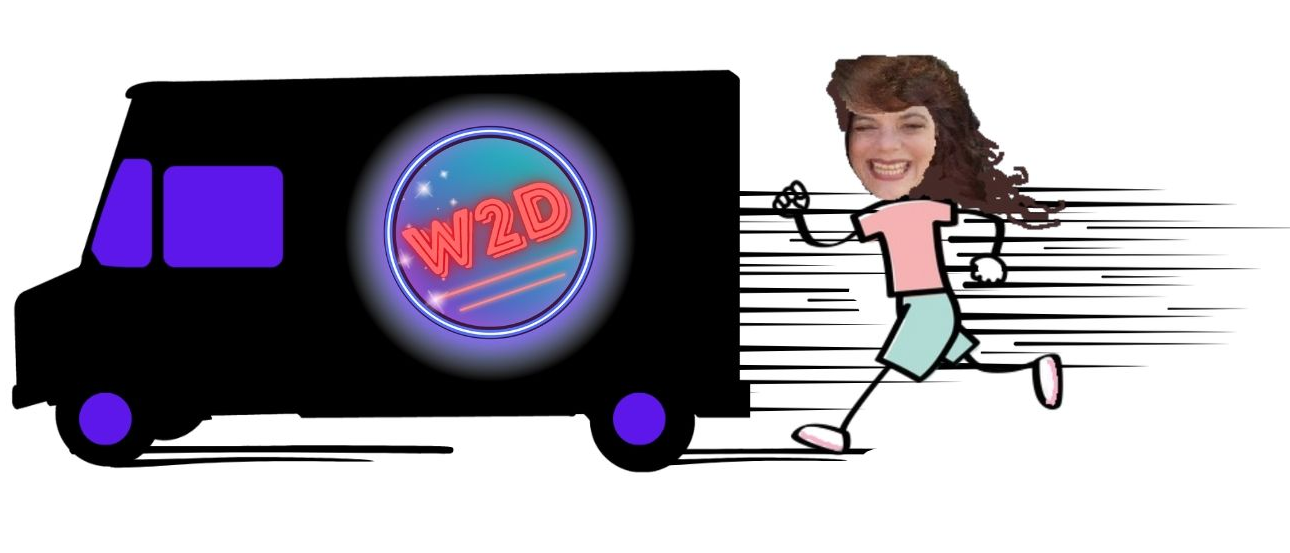 Black van with a glowing circular logo and a person running beside it in a cartoon style