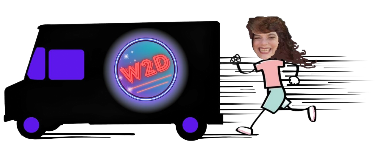 Black van with a neon WBG logo drives as a cartoon person runs beside it on a white background