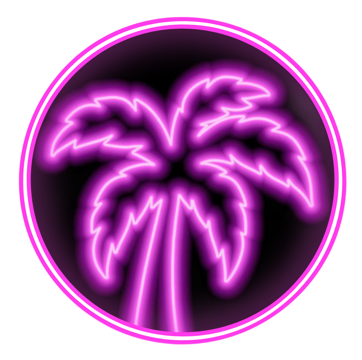 Neon pink palm tree inside a circle, on a black background.