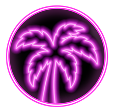 Neon pink glowing palm tree icon inside a black circle with a pink border