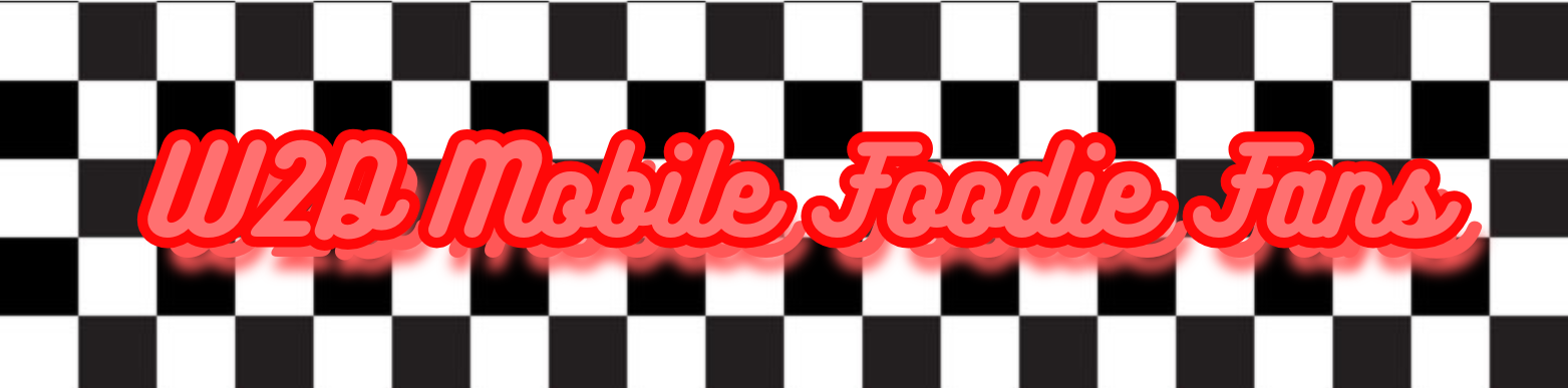 Red cursive “W2B Mobile Foodie Fans” text on a black-and-white checkerboard background